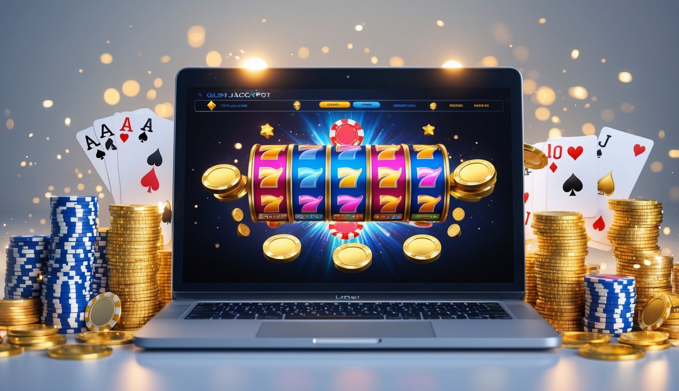 Sebuah laptop menampilkan permainan jackpot online dengan tumpukan chip poker dan koin emas di sekitarnya.