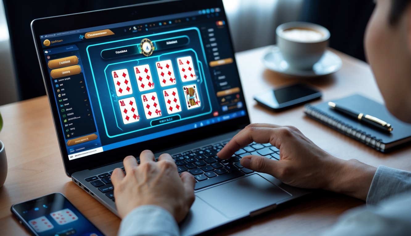 Seseorang sedang bermain permainan kartu Ceme secara online menggunakan laptop di meja kerja dengan suasana fokus dan profesional.