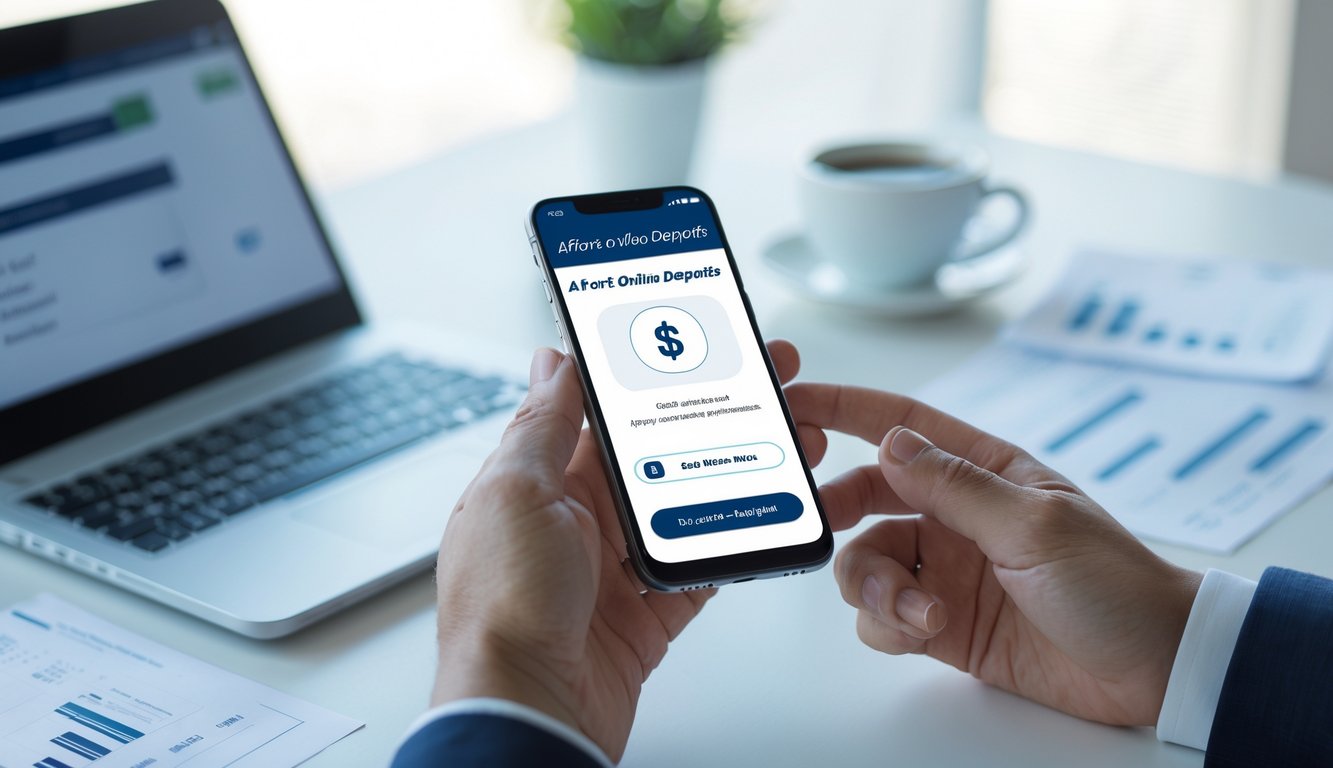 Seseorang sedang memegang ponsel pintar dengan layar aplikasi pembayaran online di ruang kerja yang terang dan rapi.