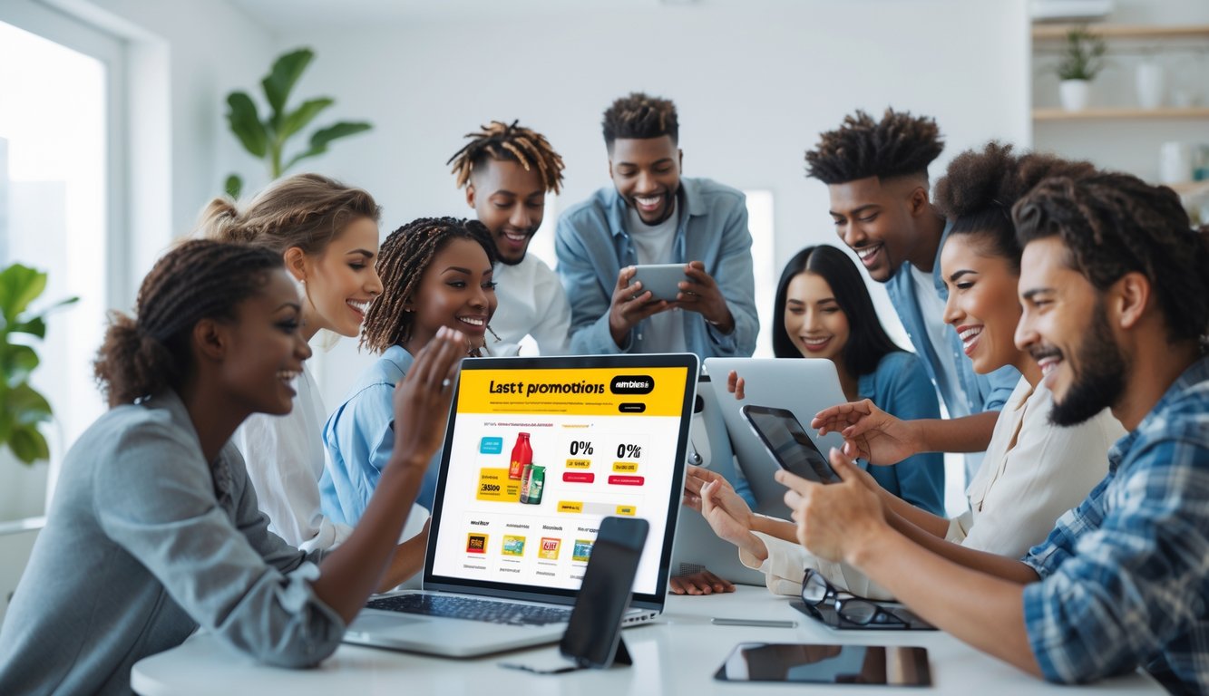 Beberapa orang menggunakan perangkat digital untuk berbelanja online dengan suasana cerah dan modern.