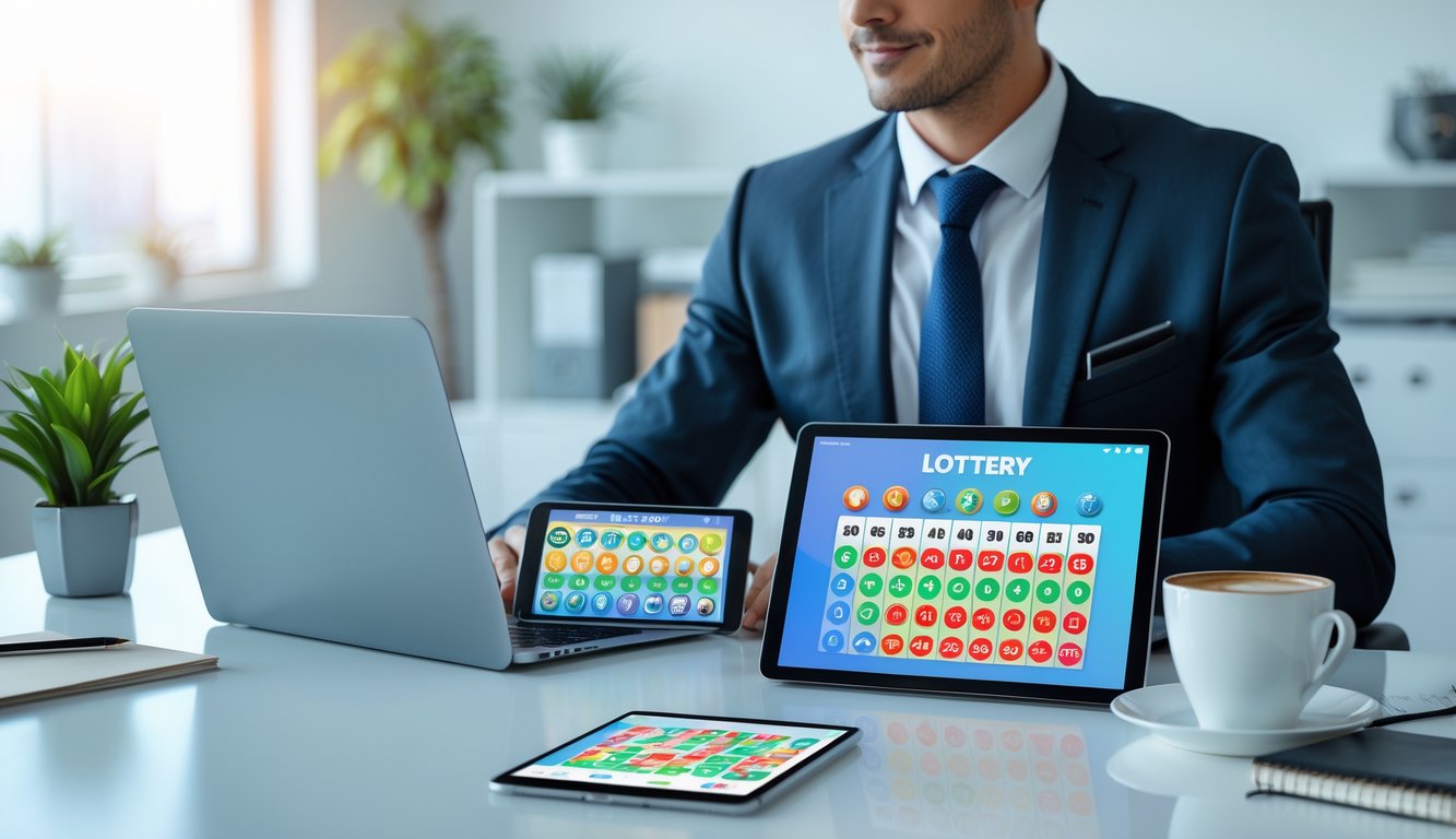 Seorang profesional duduk di meja kerja dengan perangkat digital yang menampilkan angka lotre di ruang kantor modern.