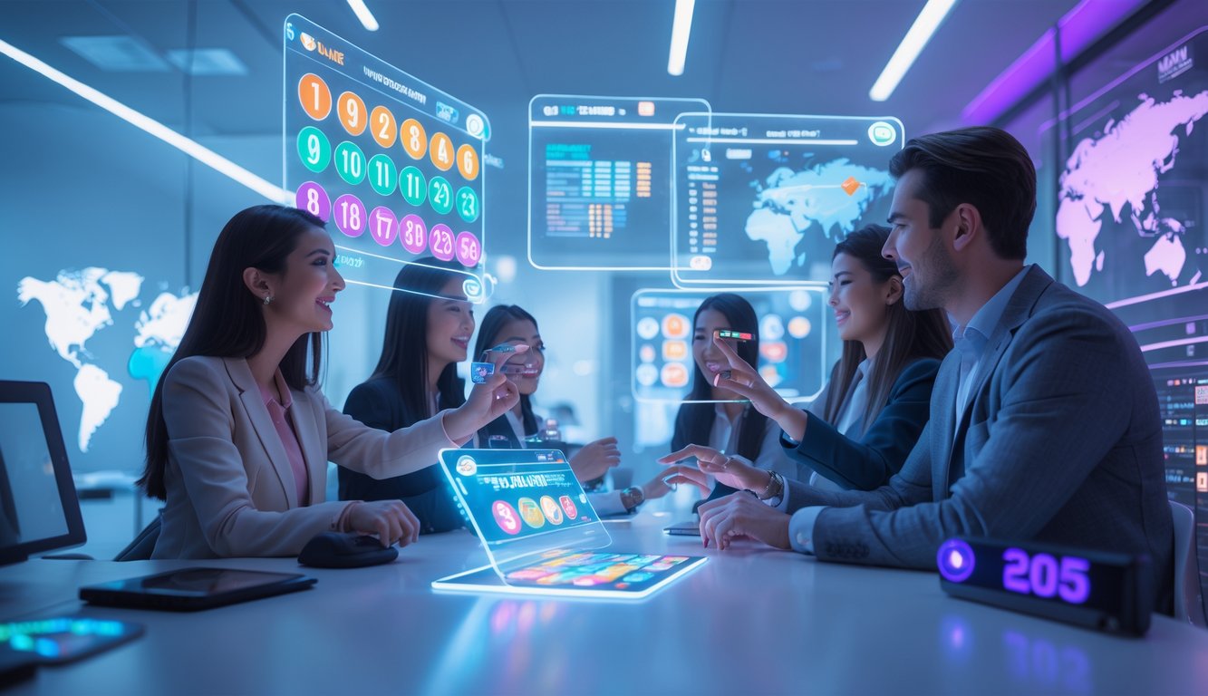 Sekelompok orang muda menggunakan layar holografik di ruang kerja futuristik yang menampilkan angka lotere dan grafik.