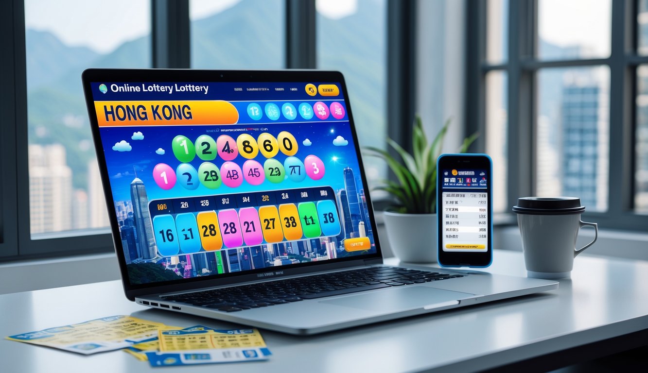 Seorang pria sedang menggunakan laptop di meja kerja dengan layar menampilkan antarmuka lotere online dan pemandangan kota Hong Kong di latar belakang.