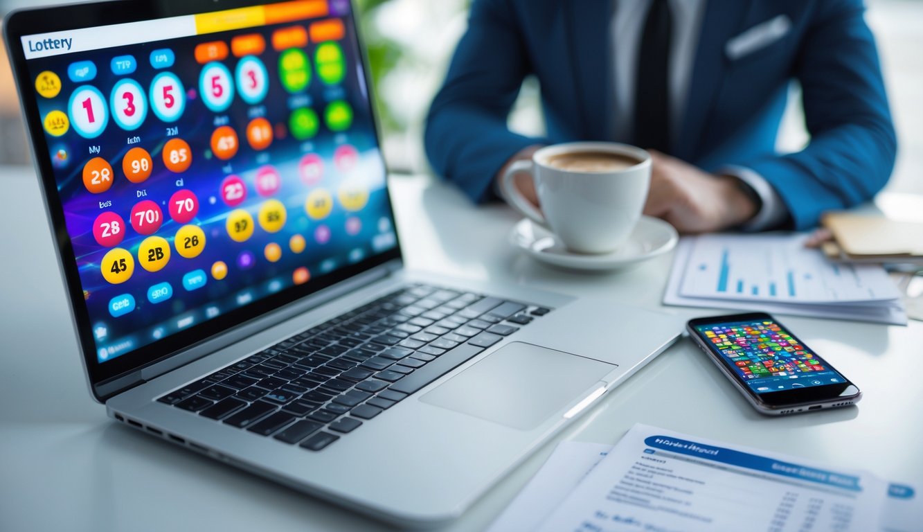 Meja kerja modern dengan laptop dan ponsel yang menampilkan aplikasi togel online, dilengkapi dengan kopi dan dokumen di sekitarnya.