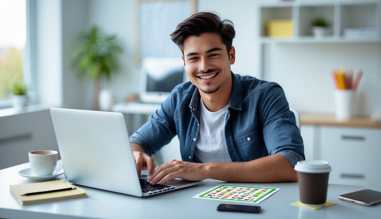 Seorang dewasa muda tersenyum duduk di meja dengan laptop di ruang kerja rumah yang terang.