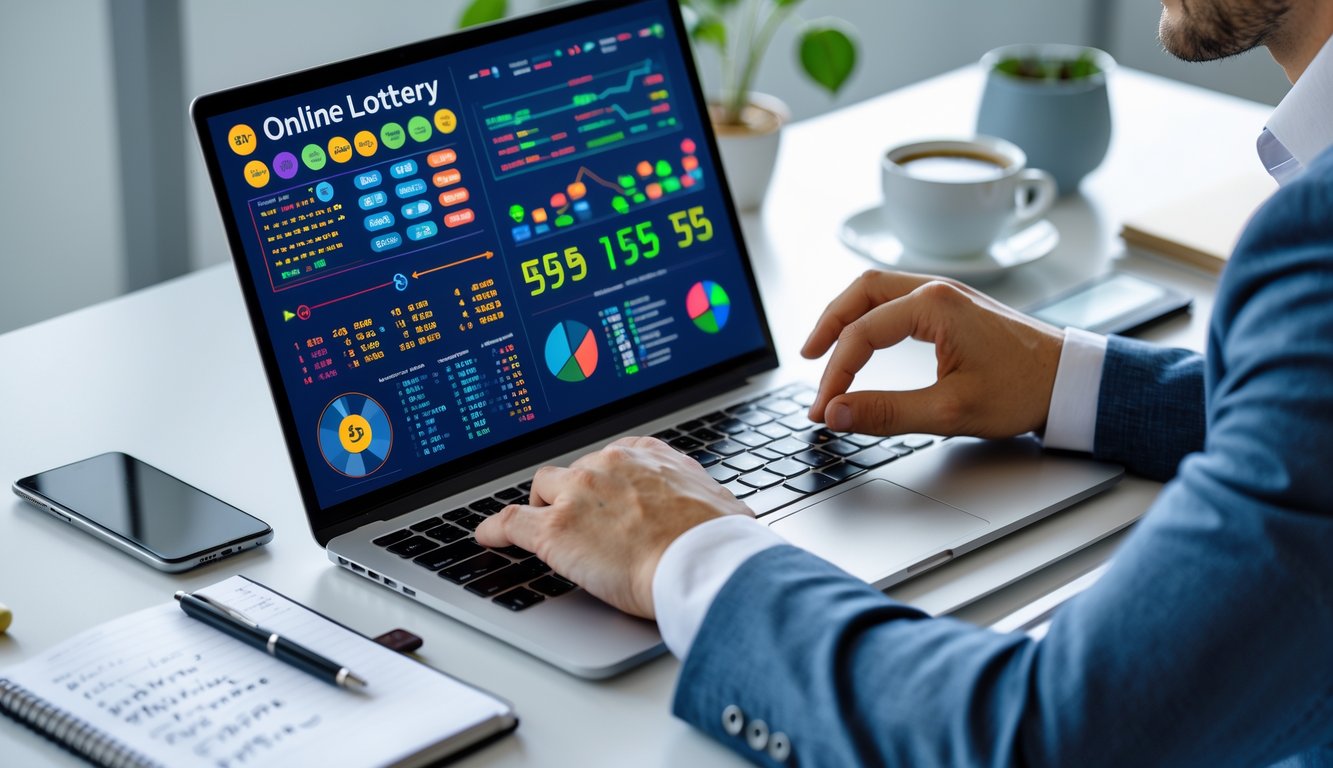 Seorang individu menggunakan laptop di meja kerja modern dengan layar menampilkan grafik dan angka terkait prediksi togel online.