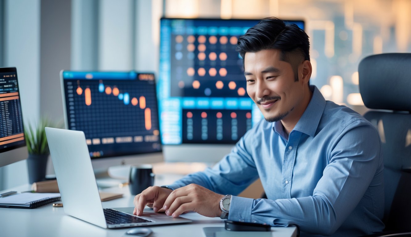 Seorang pria Asia yang percaya diri duduk di meja kantor modern dengan laptop dan ponsel, dikelilingi oleh layar komputer yang menampilkan grafik dan angka.