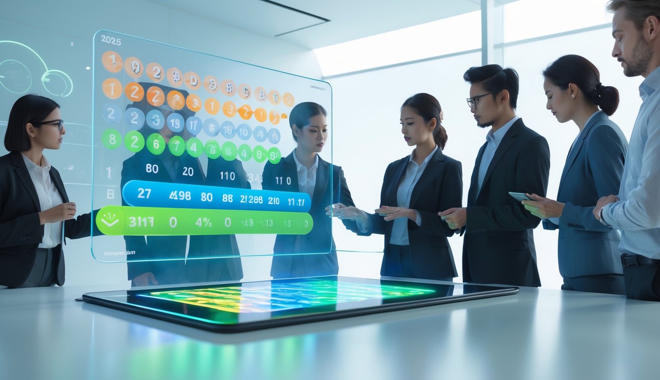 Orang-orang sedang menggunakan antarmuka digital modern untuk menganalisis angka lotere 4D di ruang kerja futuristik.