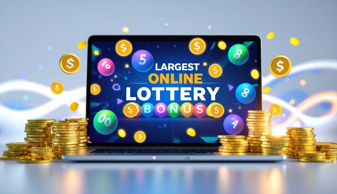 Sebuah perangkat digital menampilkan antarmuka lotere online dengan koin berkilau, tumpukan uang, dan bola lotere di sekitarnya.