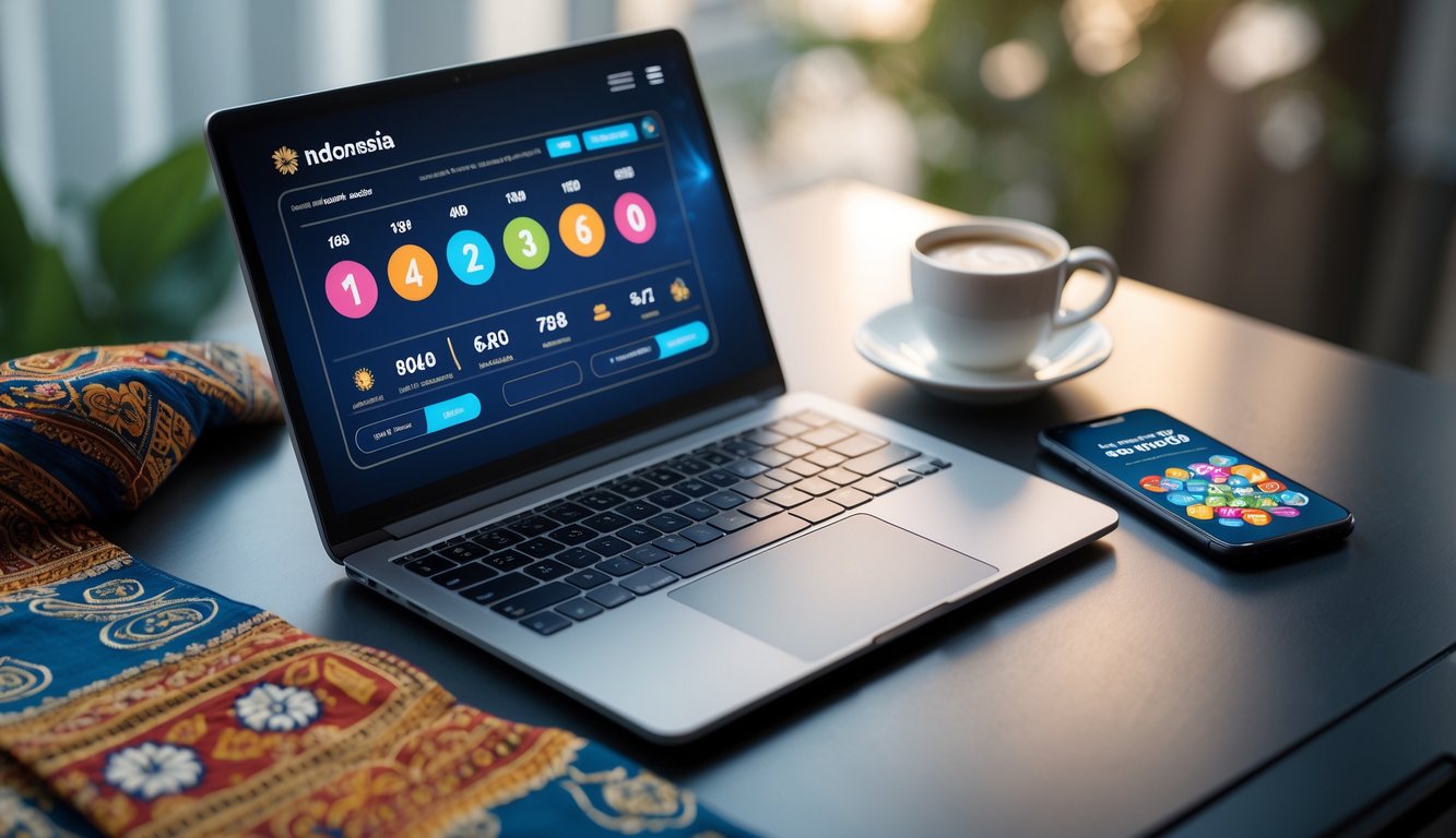 Meja kerja modern dengan laptop yang menampilkan antarmuka lotere digital, ditemani kain batik kecil dan secangkir kopi.