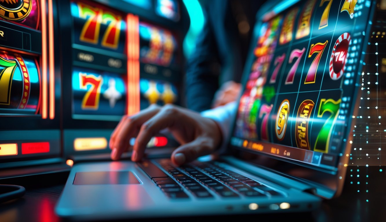Seseorang menggunakan laptop dengan tampilan mesin slot digital yang berwarna cerah di layar.