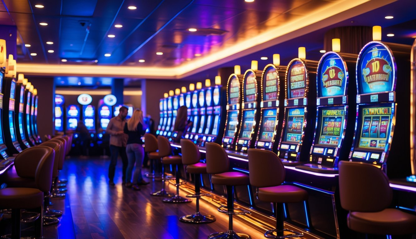 Area mesin slot di kasino dengan beberapa orang bermain dan lampu warna-warni yang menyala.