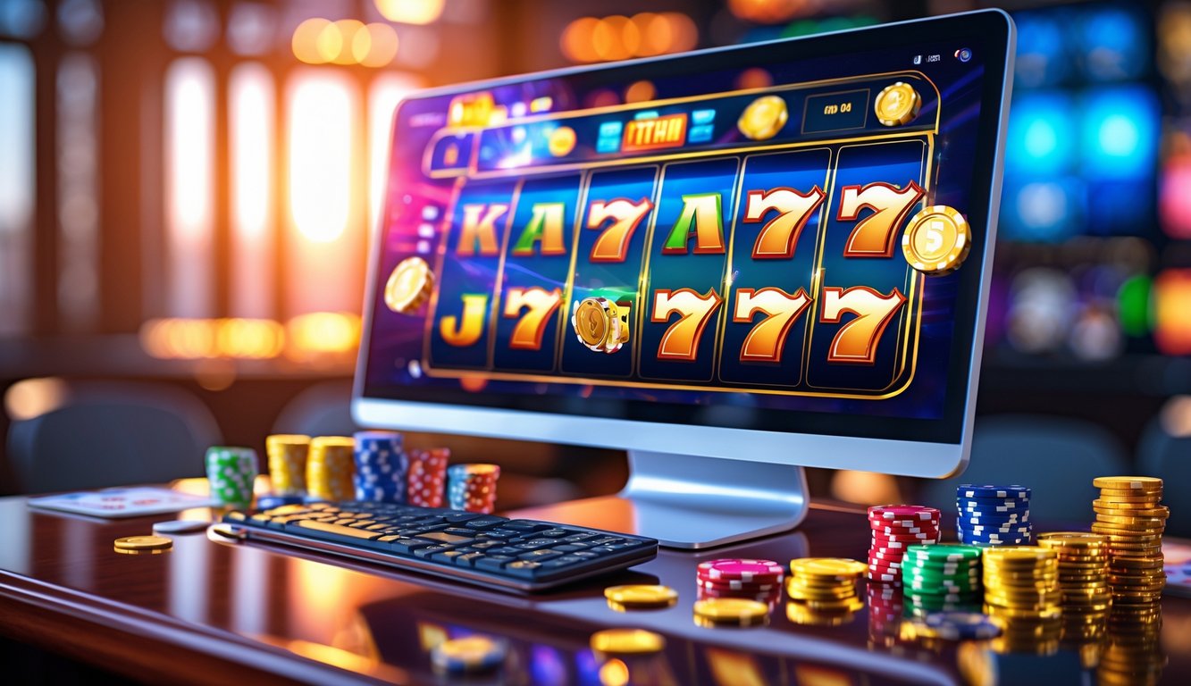 Sebuah komputer dengan layar menampilkan permainan slot online yang berwarna-warni di atas meja kayu dengan chip poker dan koin emas di sekitarnya.