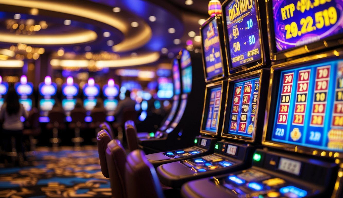Area mesin slot kasino modern dengan lampu berwarna cerah dan suasana ramai penuh kegembiraan.
