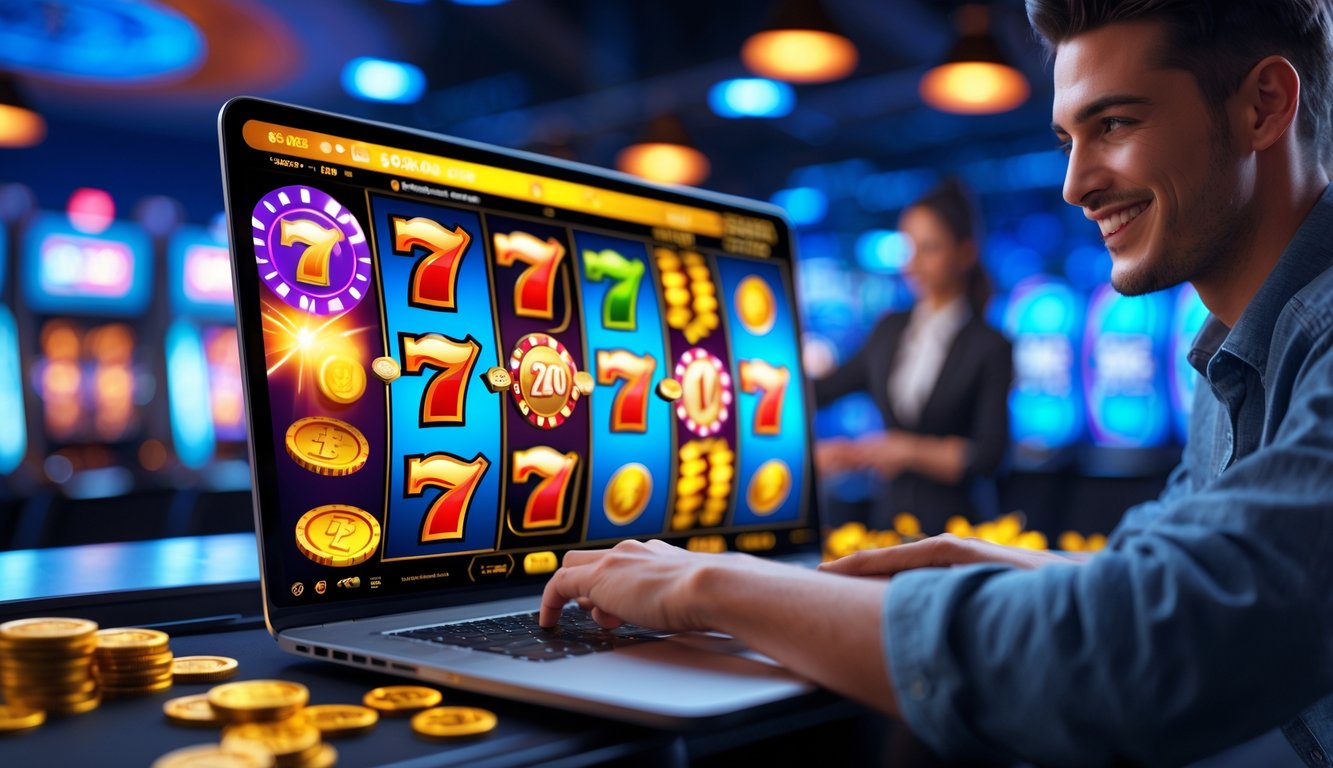 Seorang pemain muda tersenyum saat bermain mesin slot online di depan laptop di ruangan modern.