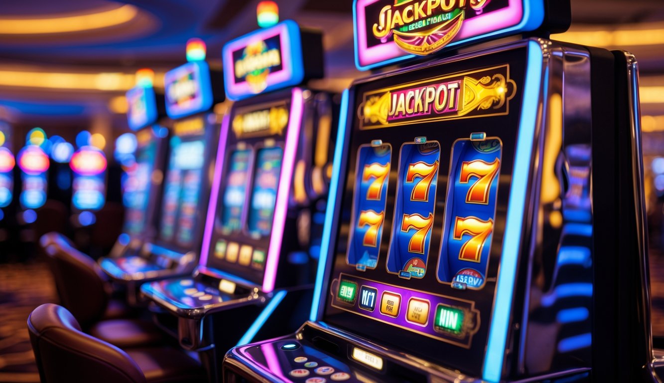 Mesin slot modern di kasino dengan lampu berwarna-warni dan suasana yang penuh semangat.
