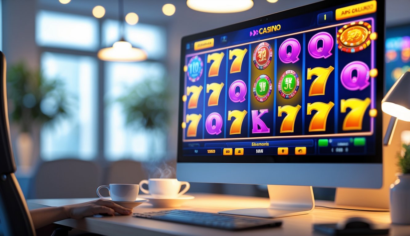 Layar komputer menampilkan grafik mesin slot berwarna-warni di ruang kantor modern yang terang dan rapi.