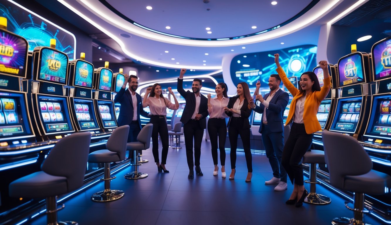 Suasana kasino modern dengan mesin slot futuristik dan orang-orang yang sedang bermain dan merayakan kemenangan kecil.