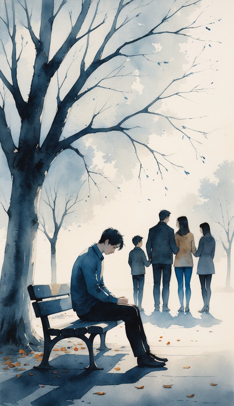 A solitary person sitting on a bench under a bare tree, looking down, with a distant family group blurred in the background in a quiet park.