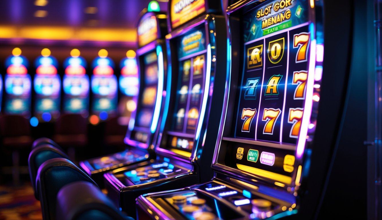 Mesin slot modern di kasino dengan lampu berwarna-warni dan kombinasi menang yang terlihat di gulungan.