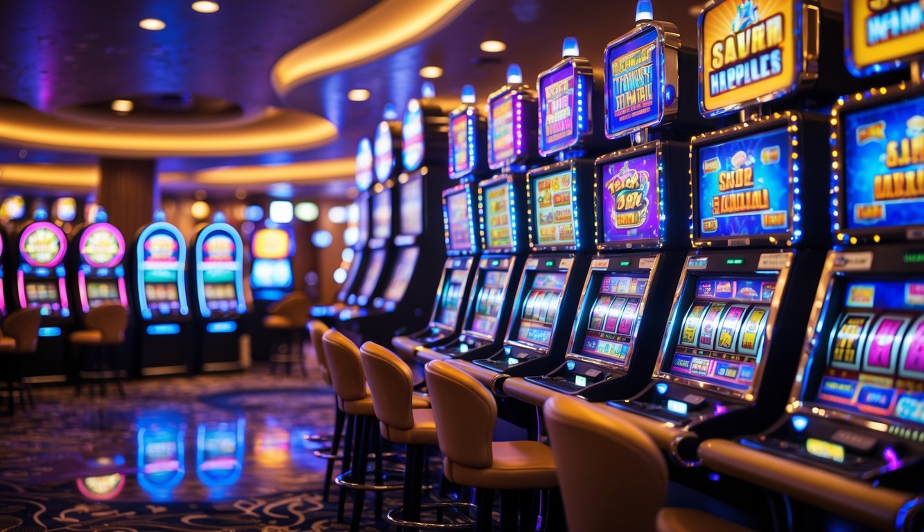 Area mesin slot kasino modern yang berwarna-warni dengan lampu terang dan layar animasi, tanpa orang di sekitar.