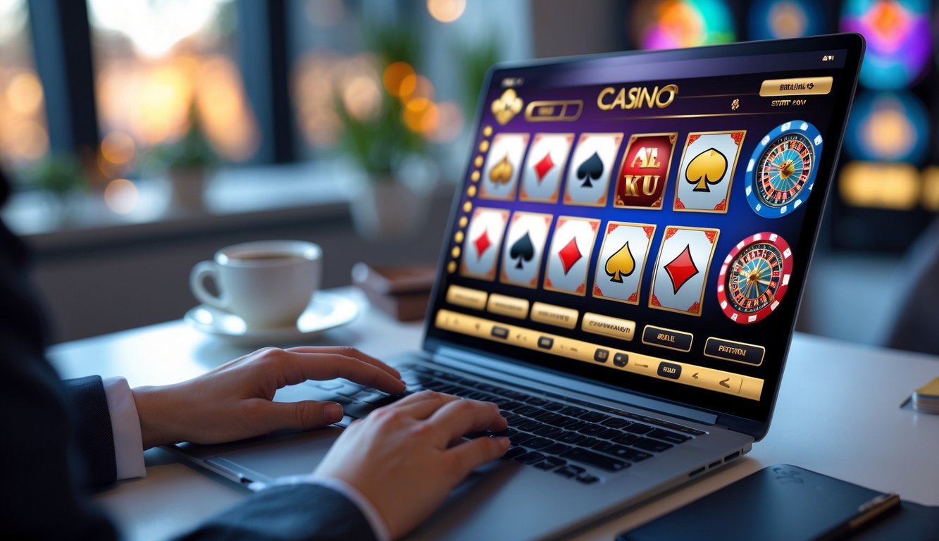 Tangan seseorang menggunakan komputer dengan tampilan permainan kasino online di layar di atas meja kerja yang rapi.