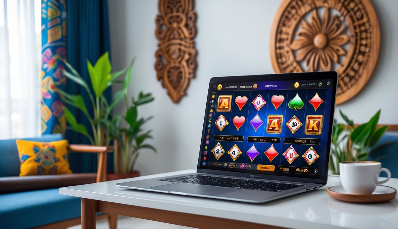 Sebuah laptop di meja dengan tampilan permainan kasino online yang berwarna-warni, dikelilingi oleh hiasan tradisional Indonesia dan tanaman hijau di ruangan yang rapi.