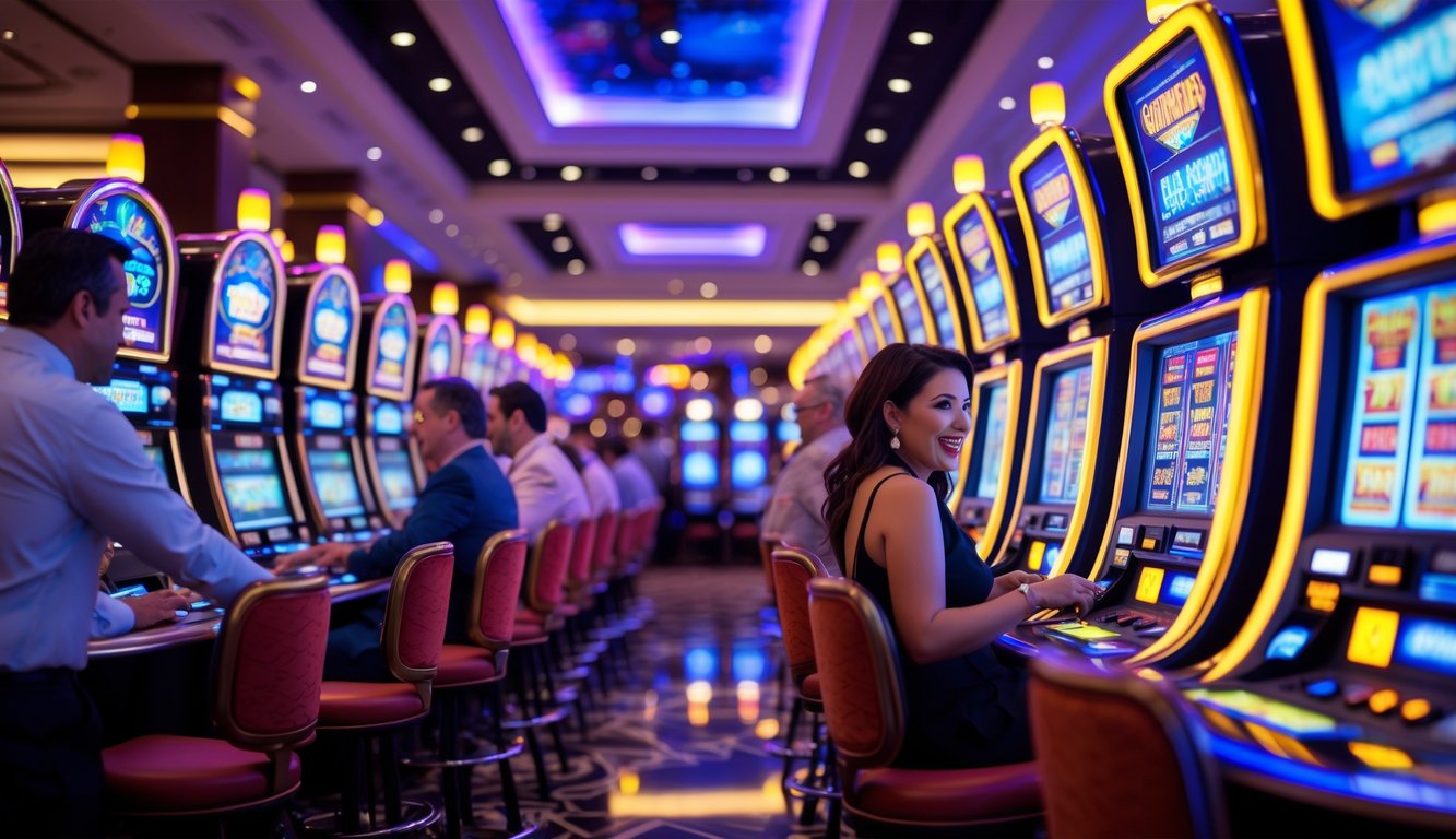 Suasana interior kasino dengan mesin slot modern dan orang-orang yang sedang bermain dengan ekspresi antusias.