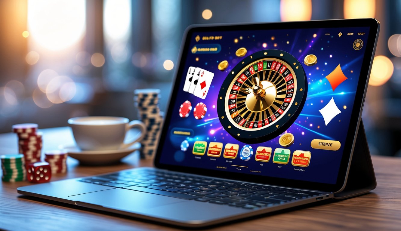 Layar perangkat menampilkan permainan kasino online dengan kartu poker, roda roulette, dan ikon mesin slot, dikelilingi oleh chip poker dan dadu di atas meja kayu.