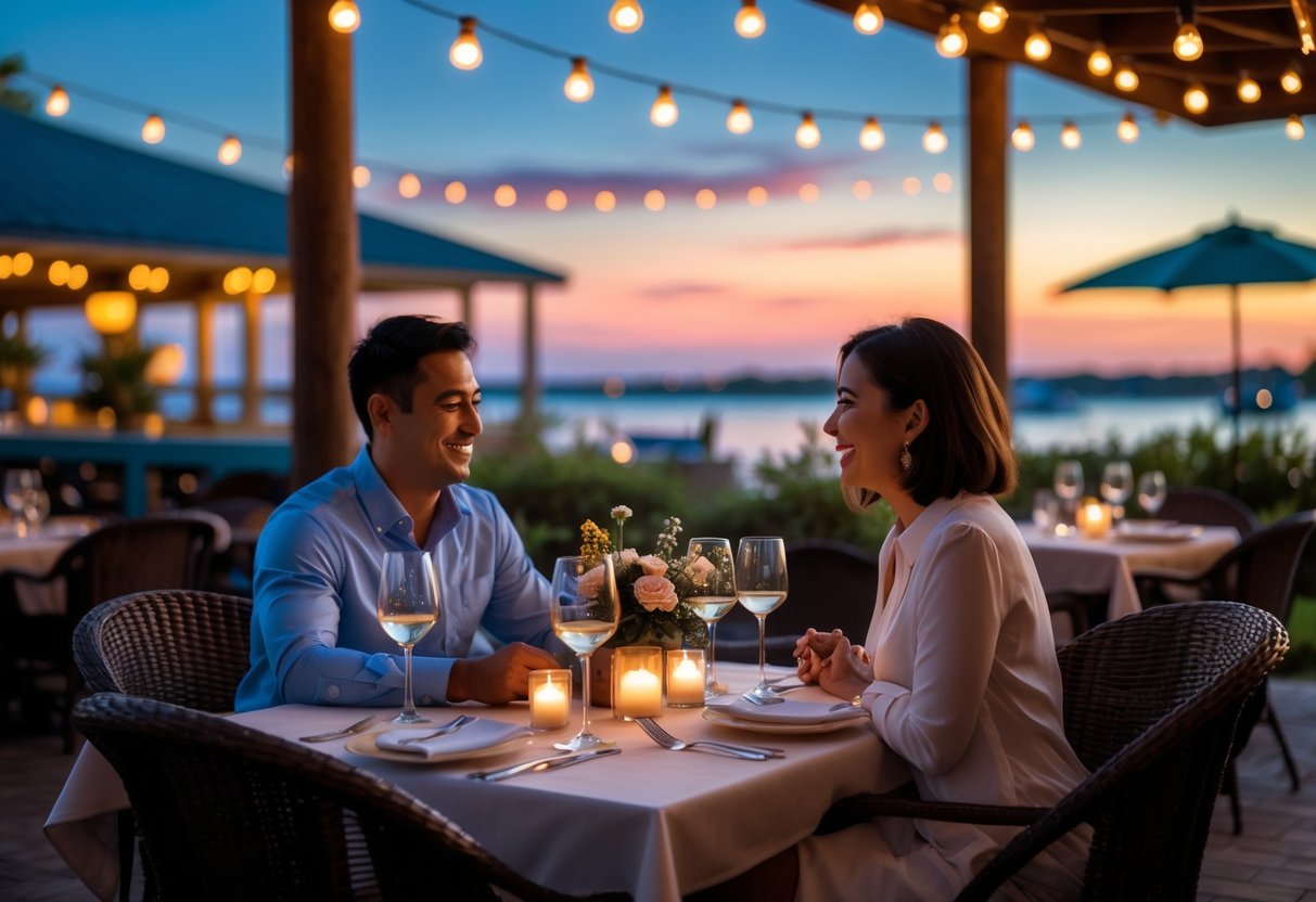 A couple enjoying a romantic dinner at an outdoor restaurant table by the water at sunset.