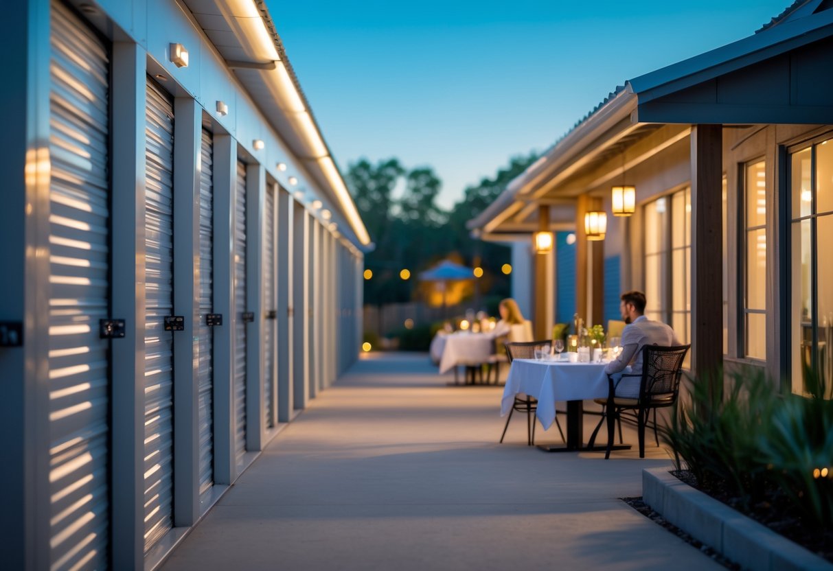 A clean storage facility next to a cozy outdoor restaurant where a couple is having a romantic dinner.