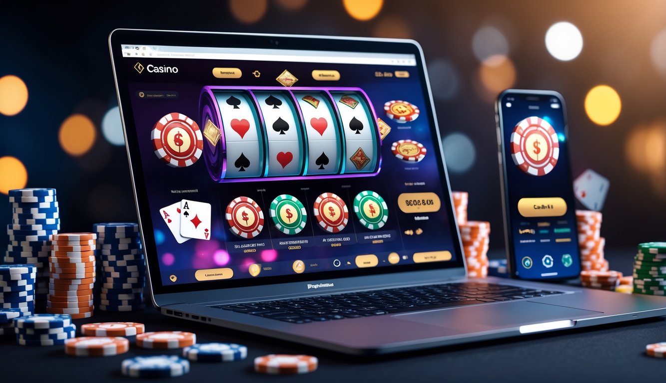 Sebuah laptop menampilkan permainan kasino online dengan chip poker dan kartu di sekitarnya.