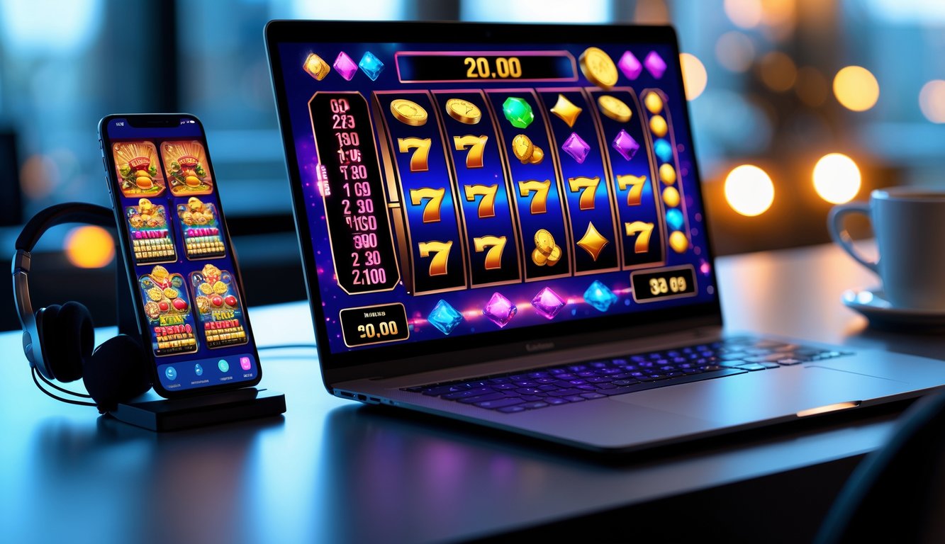 Seorang pengguna bermain mesin slot online di komputer dengan layar menampilkan gulungan slot berwarna-warni.