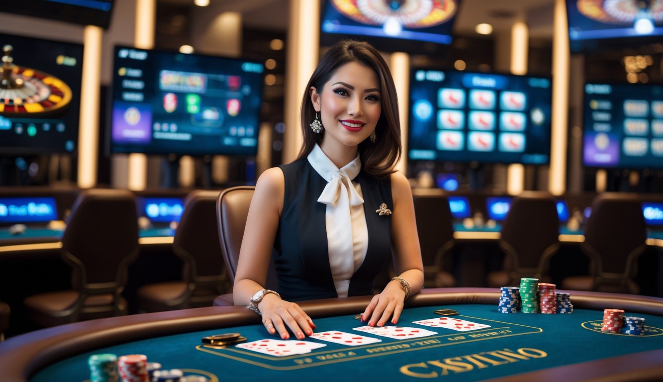 Seorang dealer kasino wanita duduk di meja kasino dengan kartu dan chip, di studio dengan monitor besar di latar belakang.