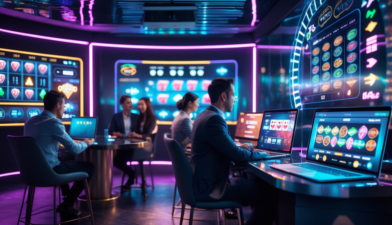 Orang-orang bermain permainan kasino online dengan perangkat digital di ruangan modern yang bergaya futuristik.