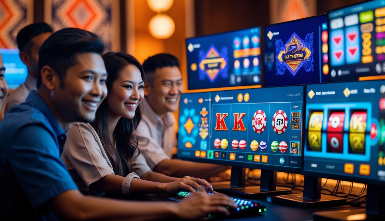 Orang-orang bermain permainan kasino online di depan komputer dengan latar belakang elemen budaya Indonesia.