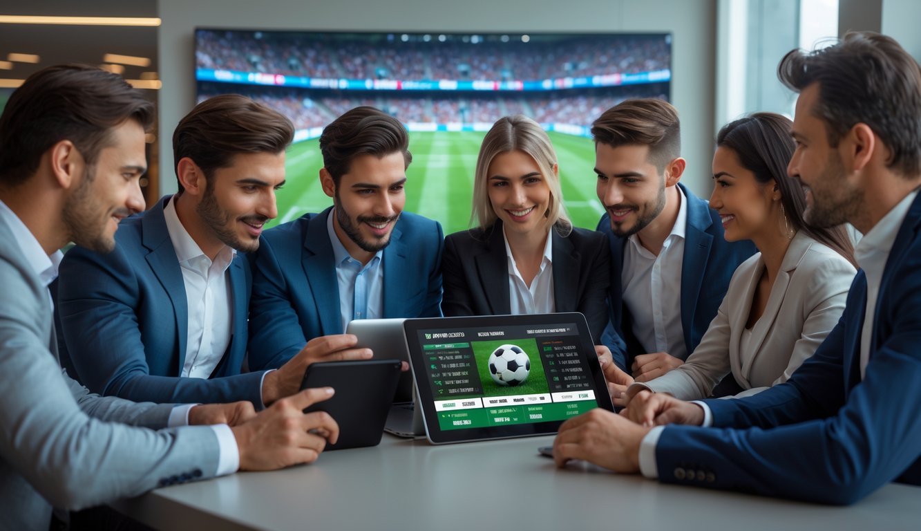Sekelompok orang muda sedang melihat perangkat digital dengan statistik pertandingan sepak bola di ruang modern.