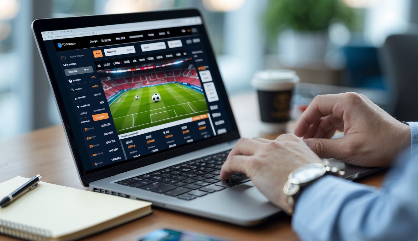 Seseorang menggunakan laptop dan ponsel untuk memasang taruhan bola online di meja kerja modern.