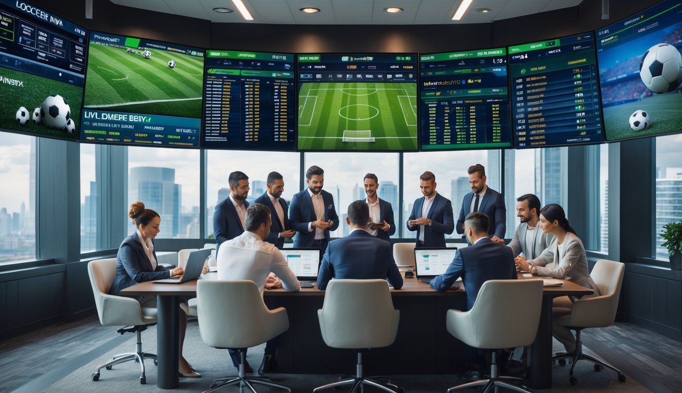 Suasana kantor modern dengan beberapa orang yang sedang menganalisis data pertandingan sepak bola di layar besar.