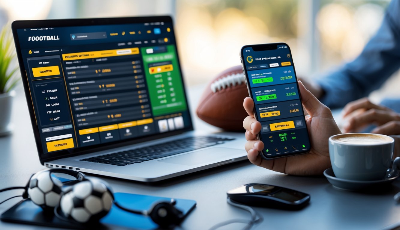 Seorang pria menggunakan laptop dan ponsel untuk memasang taruhan bola online di meja kerja yang rapi dengan bola kecil dan cangkir kopi.