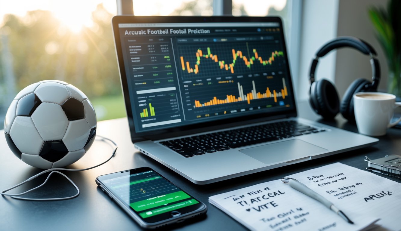 Meja kerja dengan laptop menampilkan data sepak bola, telepon pintar dengan pembaruan pertandingan, bola sepak, dan alat tulis.