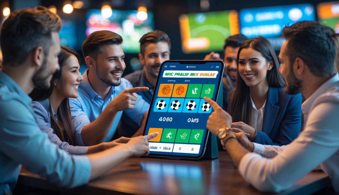 Sekelompok orang berkumpul di sekitar perangkat digital yang menampilkan berbagai opsi taruhan olahraga dalam suasana santai dan profesional.