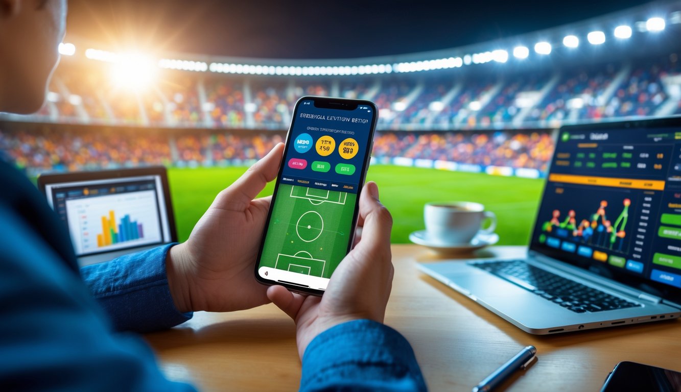 Seseorang memegang ponsel dengan aplikasi taruhan sepak bola, latar belakang stadion penuh penonton yang bersorak.
