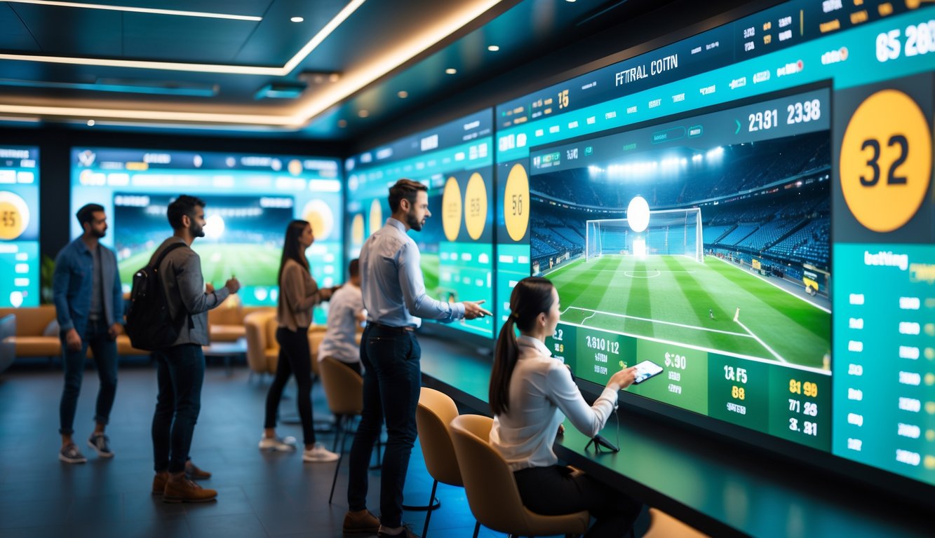 Orang-orang di ruang olahraga modern menggunakan layar sentuh besar untuk melihat statistik dan pembaruan pertandingan sepak bola.