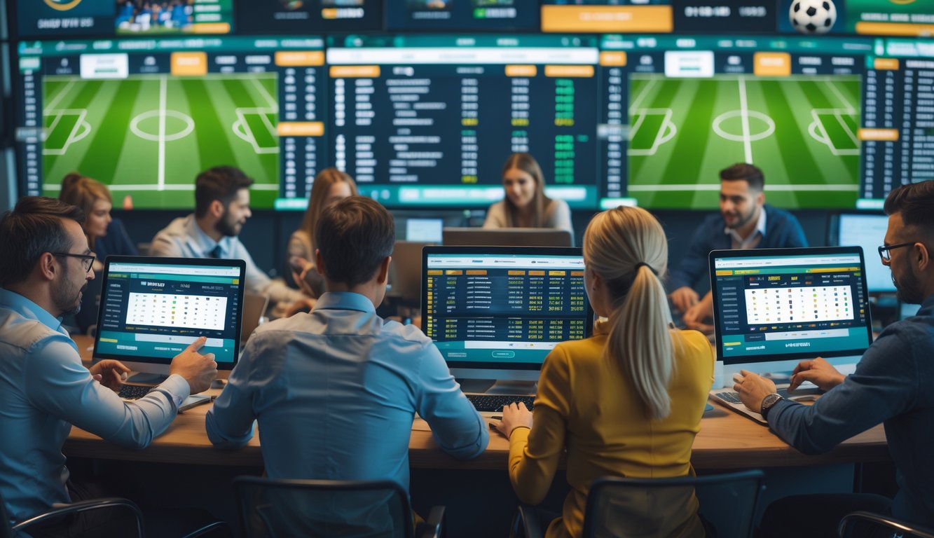 Orang-orang sedang melihat dan berdiskusi tentang taruhan sepak bola di ruangan dengan layar digital dan perangkat elektronik.