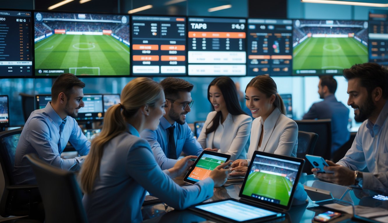 Orang-orang sedang memasang taruhan langsung pada pertandingan sepak bola di ruangan dengan layar besar yang menampilkan pertandingan secara real-time.