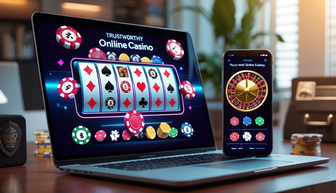 Suasana kasino online yang terpercaya dengan laptop dan ponsel menampilkan permainan kasino digital di meja kerja yang nyaman.