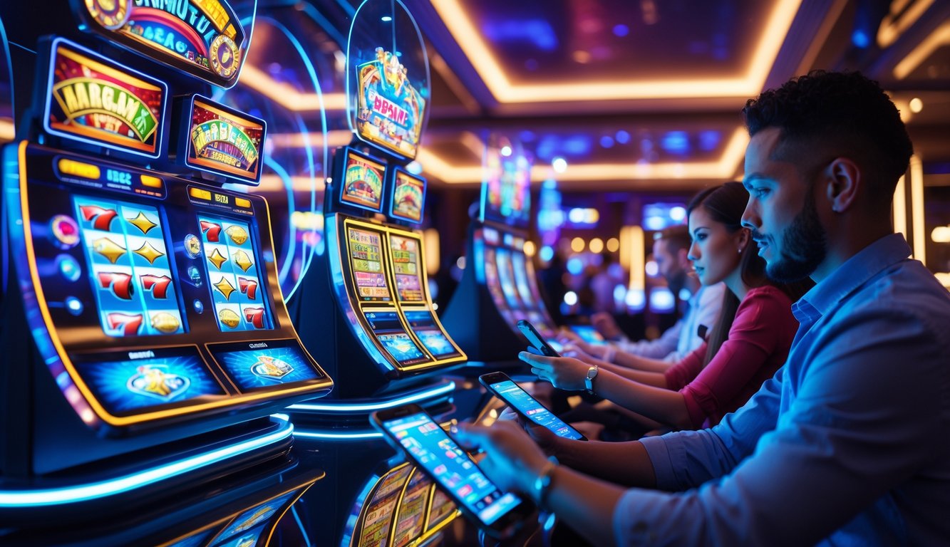 Suasana kasino online modern dengan pemain yang menggunakan tablet dan ponsel di ruang dengan pencahayaan neon dan layar permainan digital.