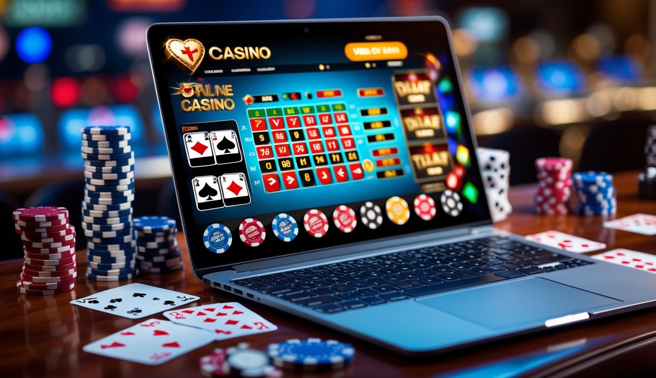 Sebuah laptop di atas meja kayu dengan permainan kasino online populer seperti poker, roulette, blackjack, dan mesin slot yang terlihat di layar, dikelilingi oleh chip poker dan kartu remi.