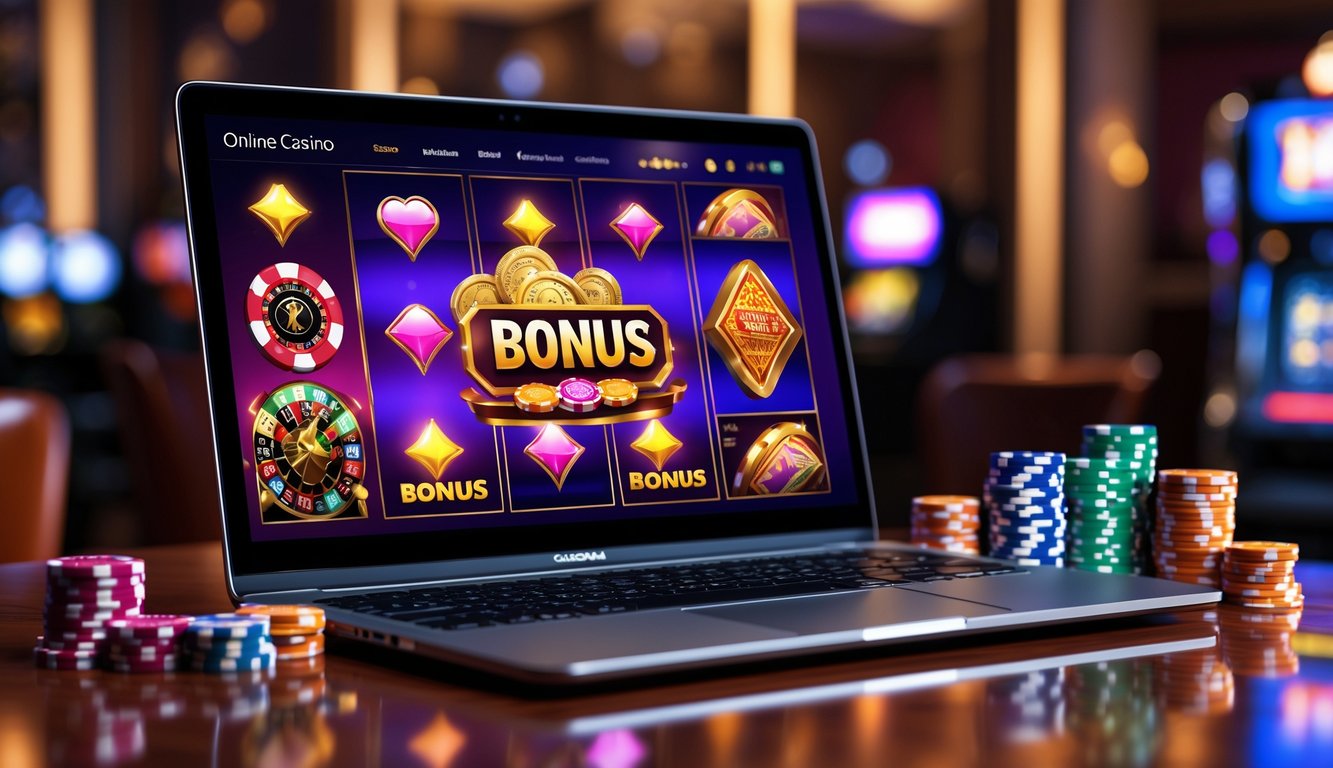 Laptop dengan layar menampilkan permainan kasino online, dikelilingi oleh chip poker, kartu remi, dan dadu di atas meja kayu.